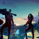 The Guardians of the Galaxy (Star-Lord, Drax, Gamora, Groot, and Rocket) pose together.